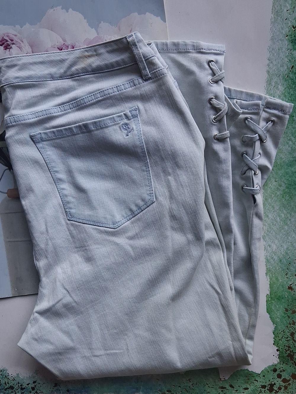 Martha Stewart Light Blue Slim Straight Jeans with Lace-Up Hem